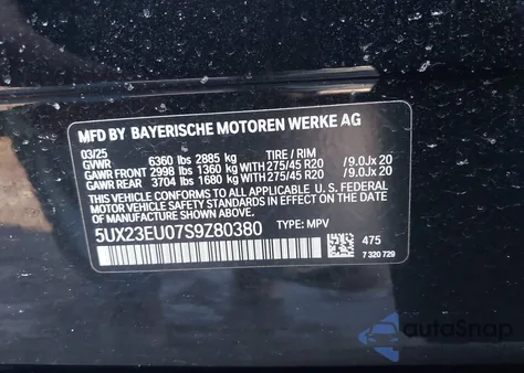 2025 BMW X5 xDrive40I из США, поврежденный, VIN 5UX23EU07S9Z80380